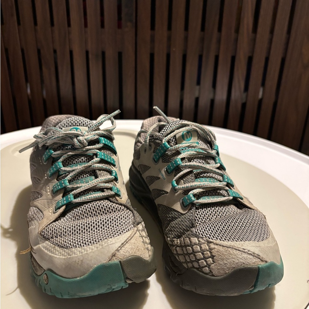 Merrell Women's Gray and Teal Trail Running Shoes, size 8